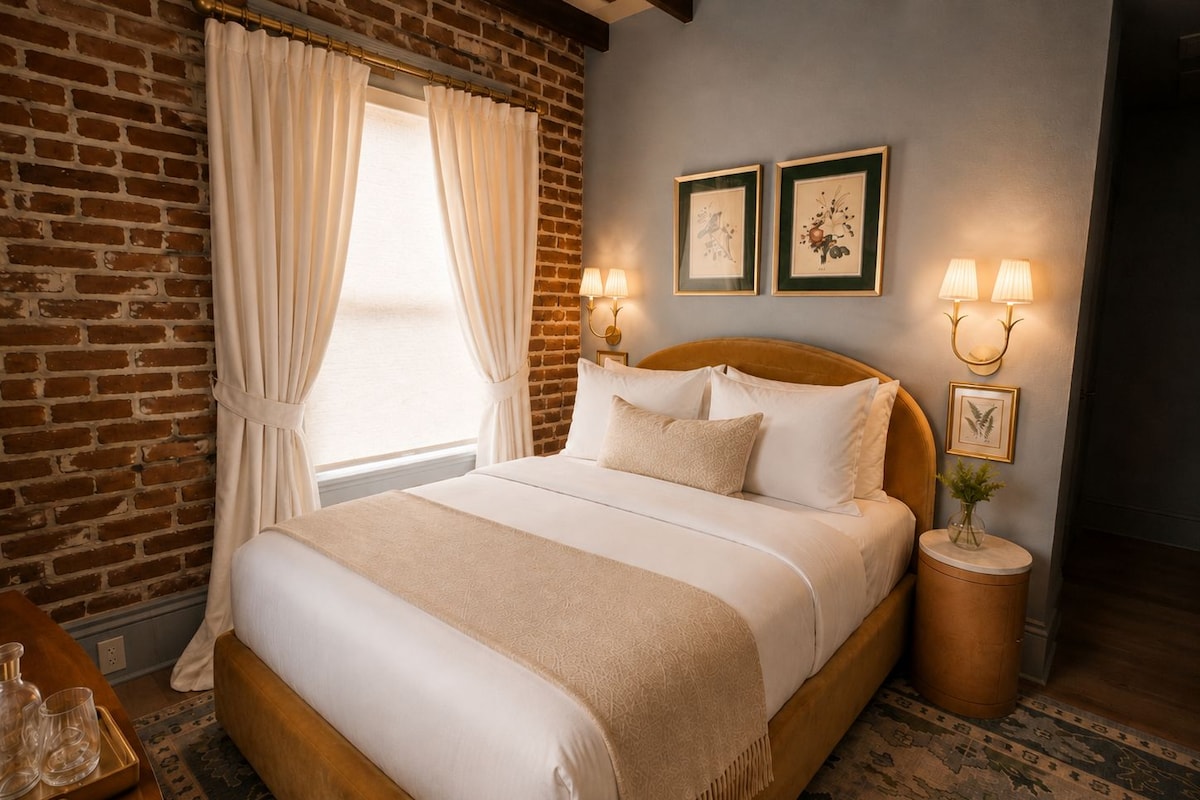 Habitación de hotel con pared de ladrillo, una cama grande con ropa de cama blanca, dos lámparas fijadas a la pared y una mesita con un jarrón.