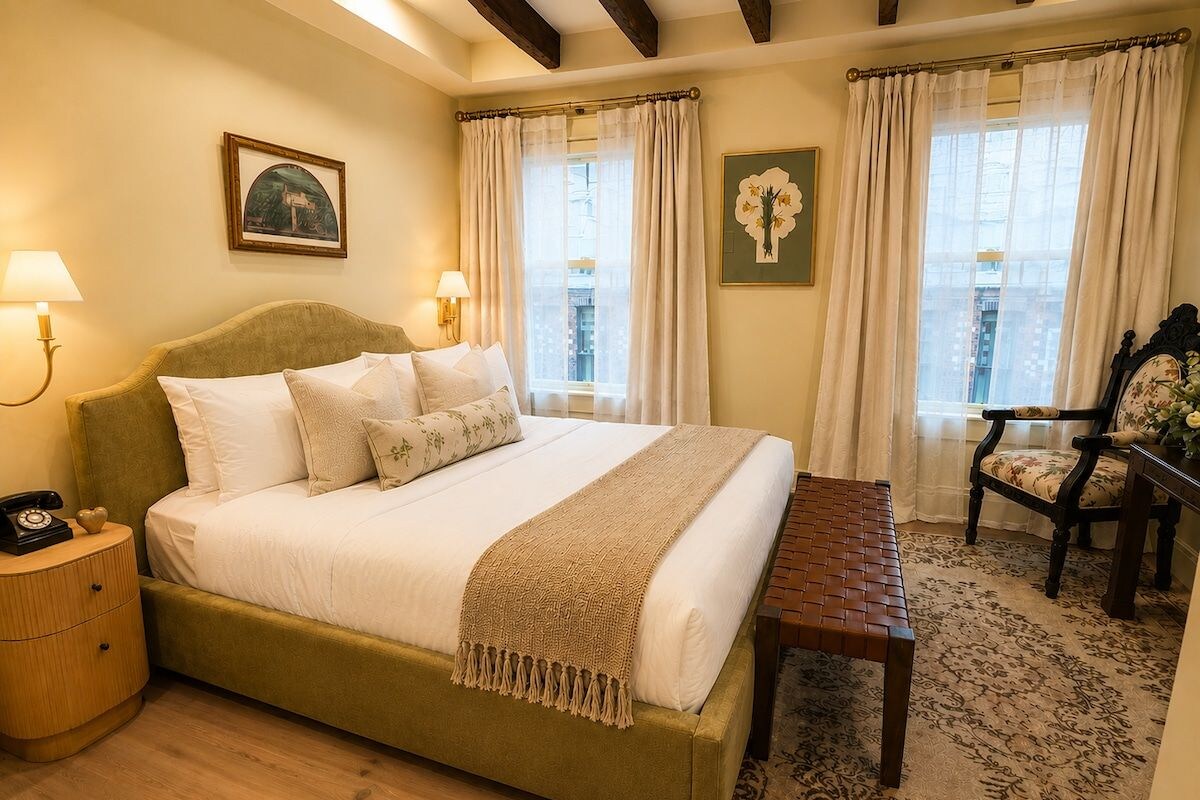 Un dormitorio con cama, mesitas de noche, un banco y una silla.