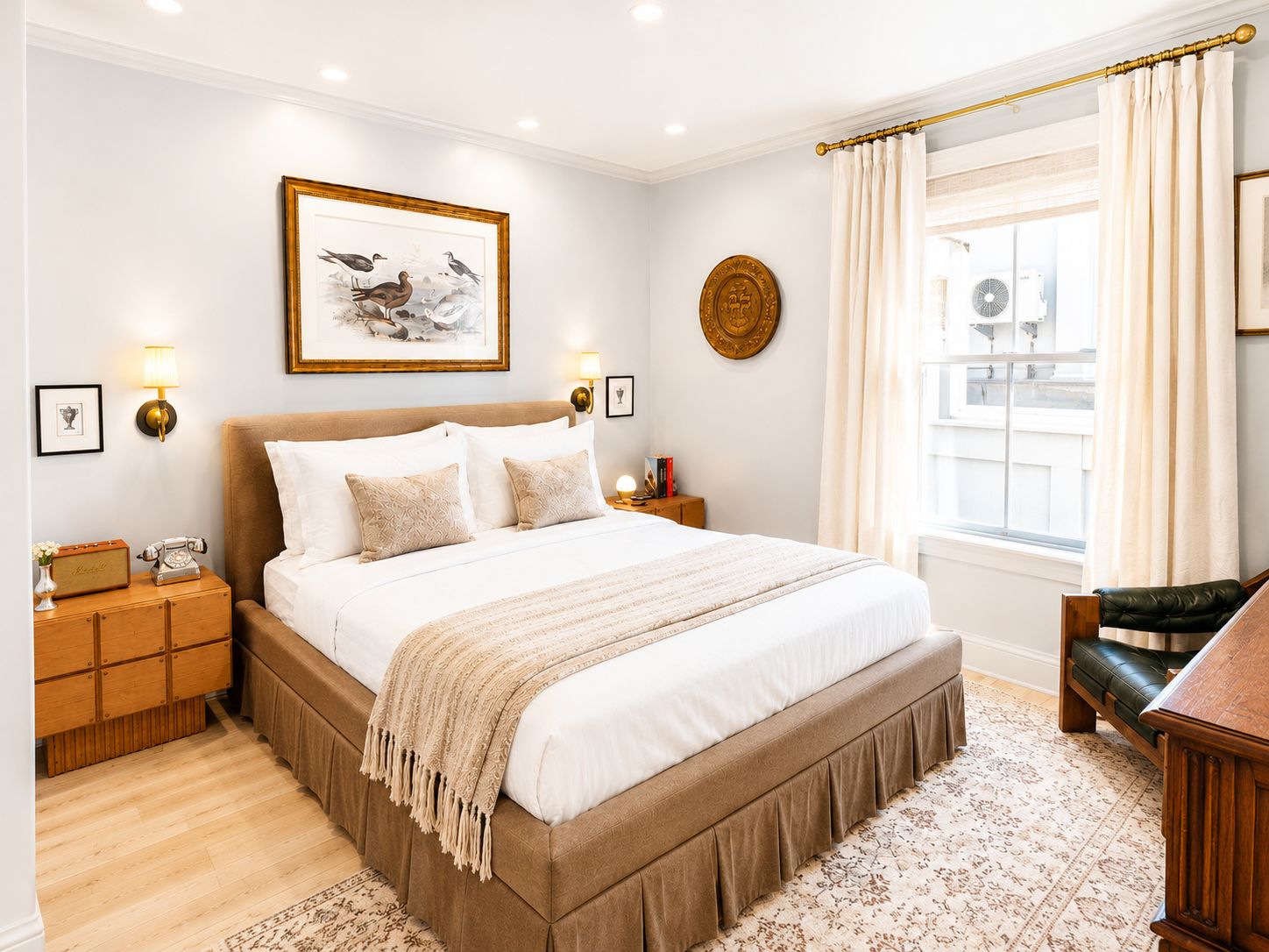 A bedroom with a large bed, bedside tables, a nightstand, a lamp, a framed picture, a window with curtains, and a chair.
