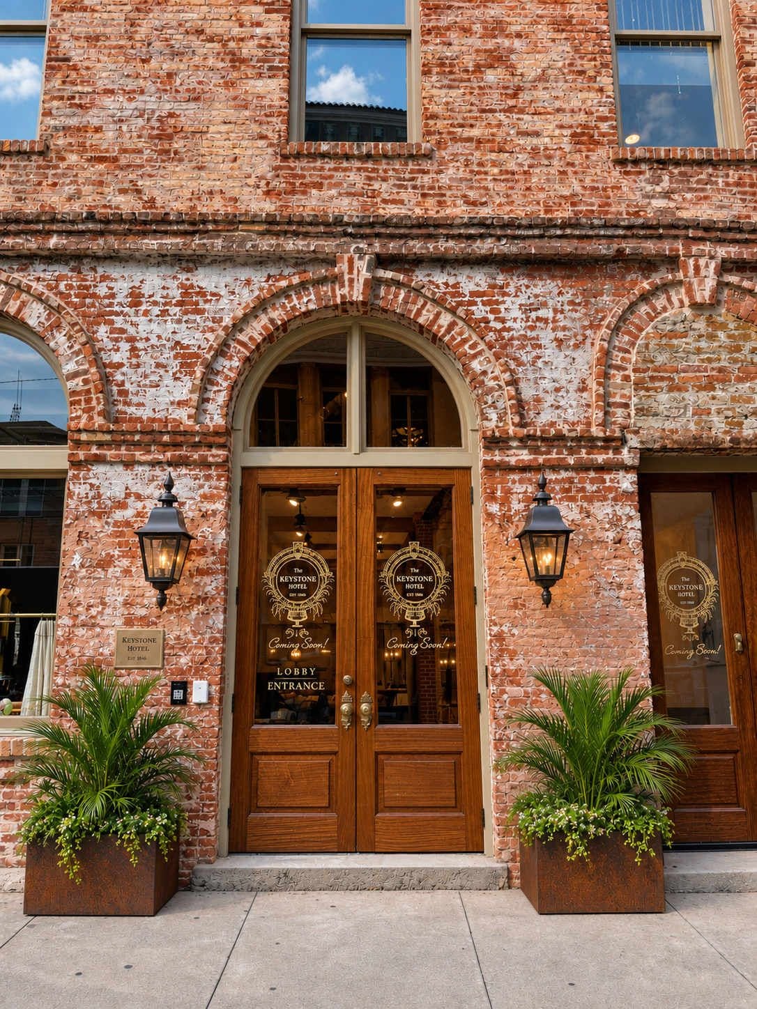 A brick building with a lobby entrance, two wooden doors with 'The Keystone Hotel' signage, and two potted plants.