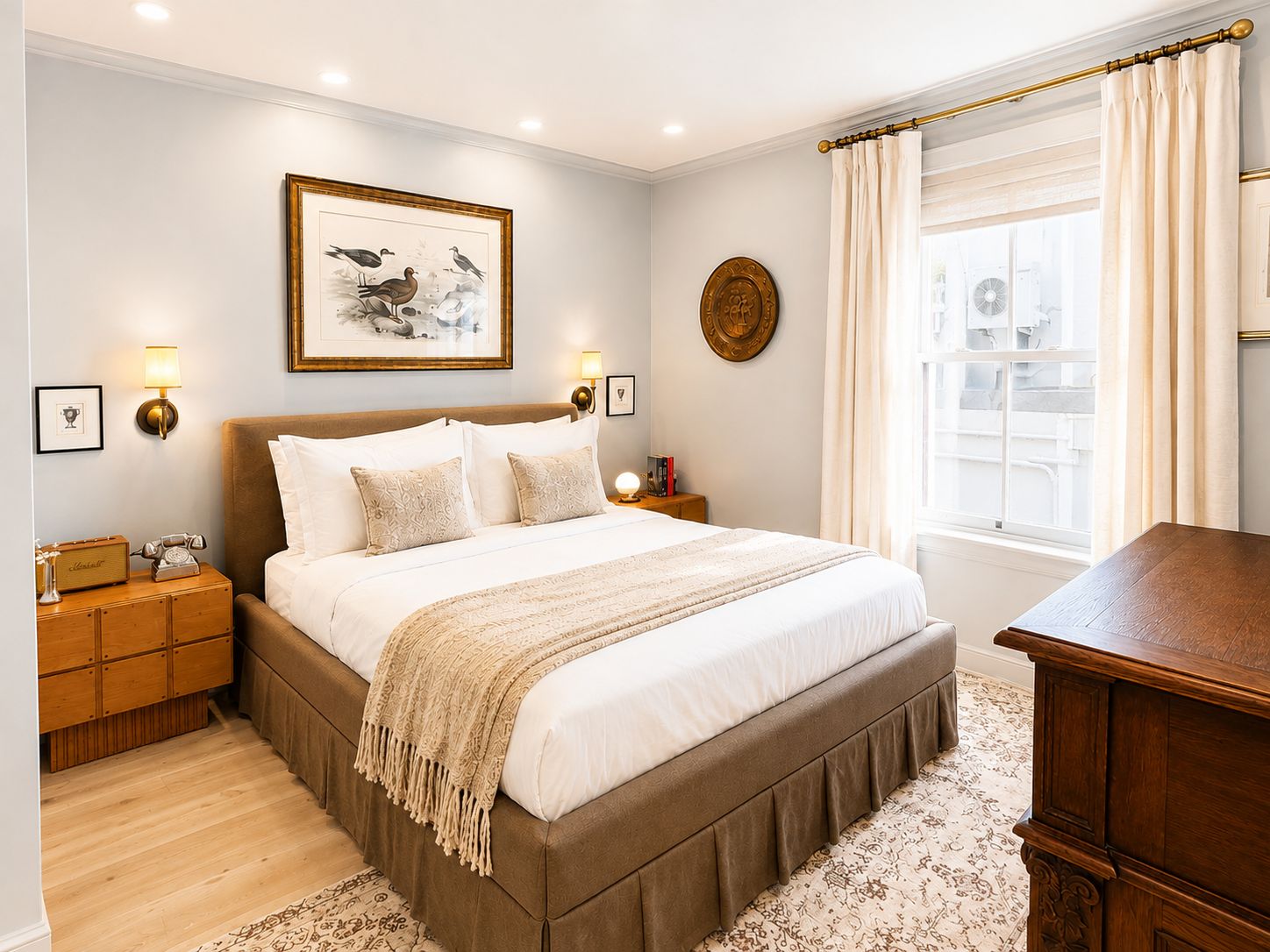A bedroom with a large bed, bedside tables, a wall-mounted lamp, a framed picture, and a window with curtains.