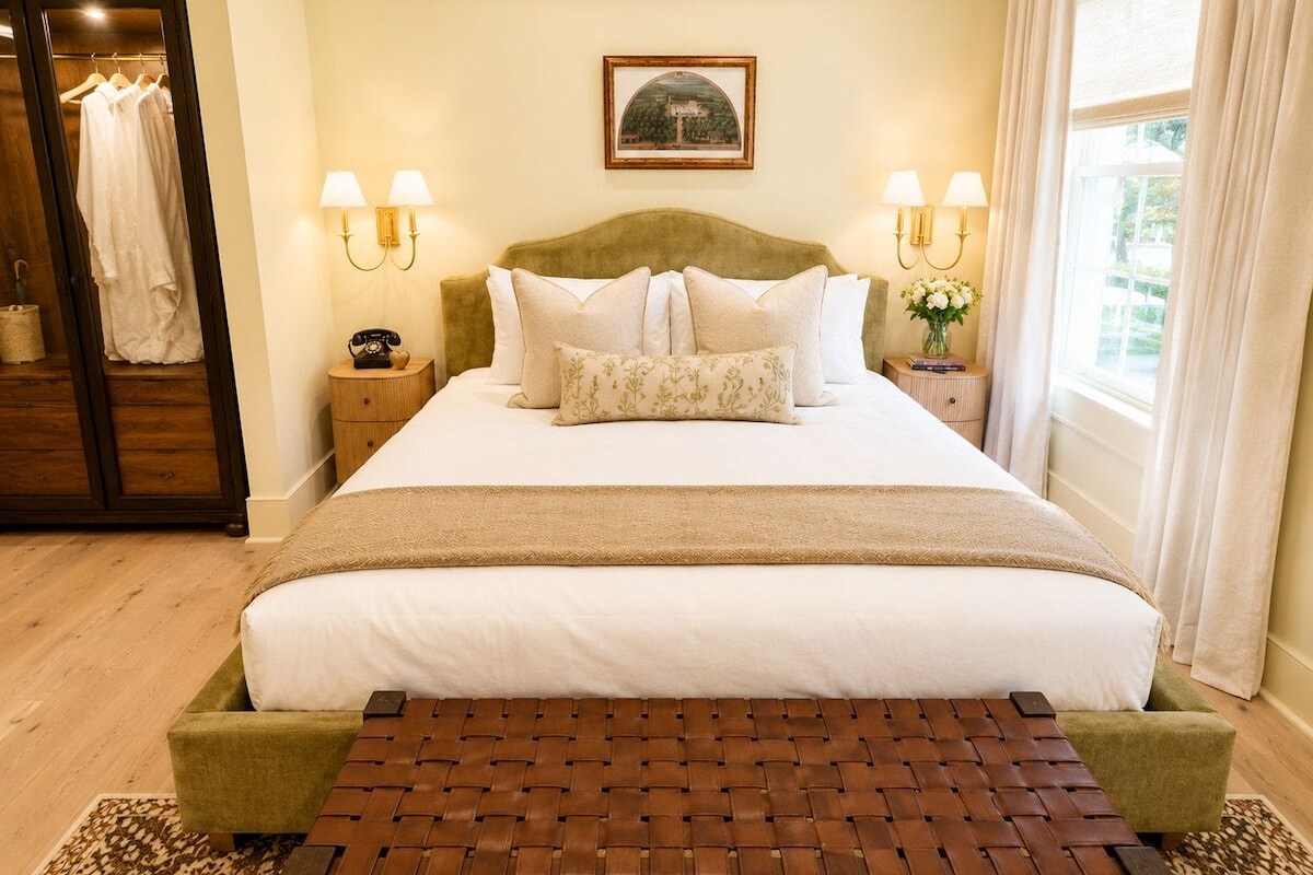 Una cama bien hecha con cabecera, mesitas de noche y un banco al pie.