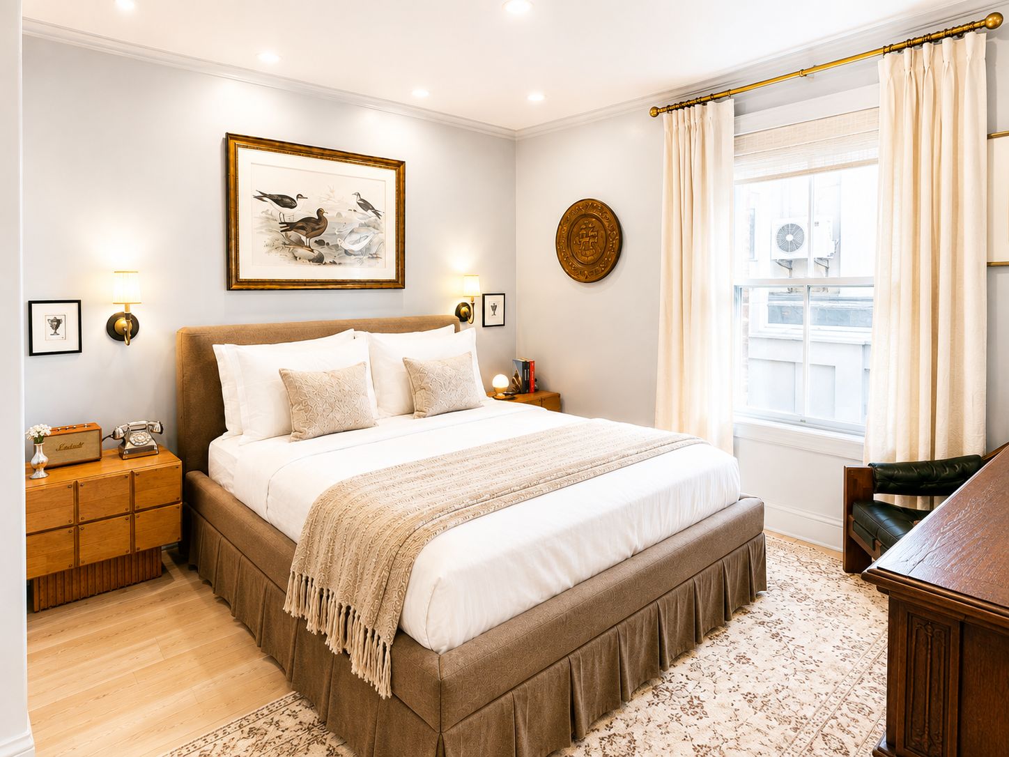 A bedroom with a large bed, a nightstand with a telephone, a wall-mounted lamp, a framed picture, and a window with curtains.