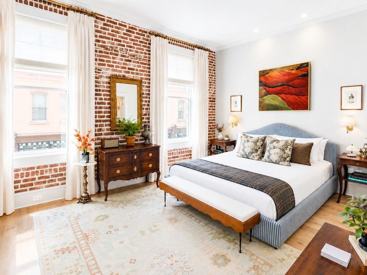 Un dormitorio con pared de ladrillo, una cama grande, un aparador, una mesita de noche y un cuadro en la pared.