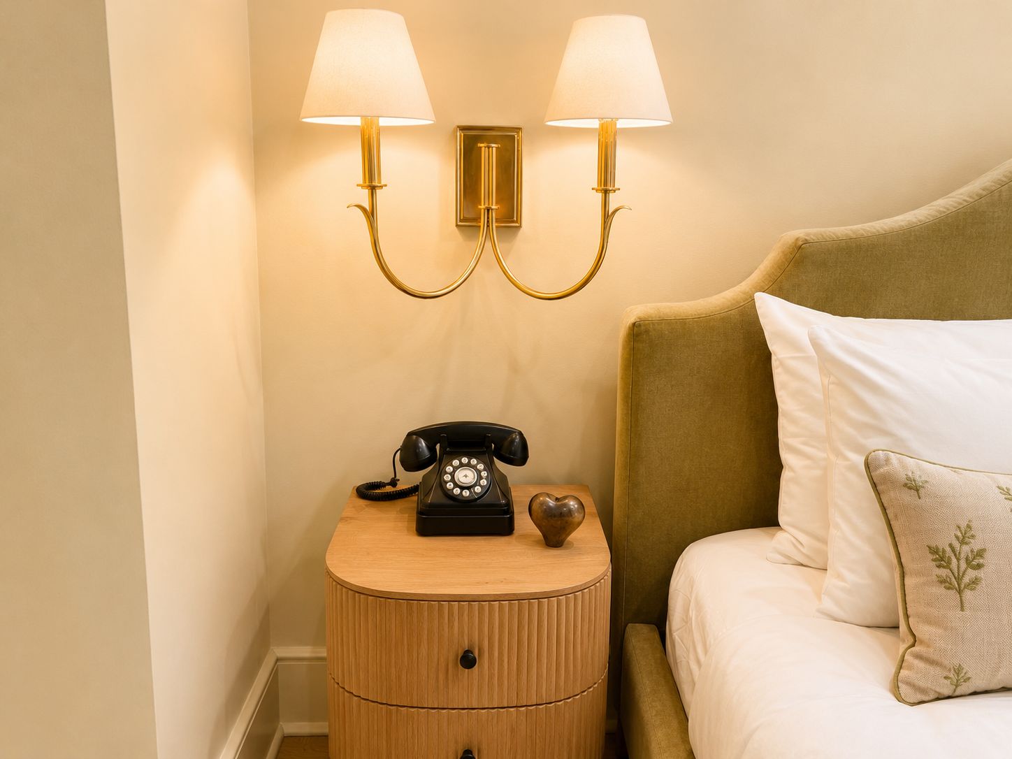 Een hotelkamer met een bed, een nachtkastje met telefoon en wandlampen.