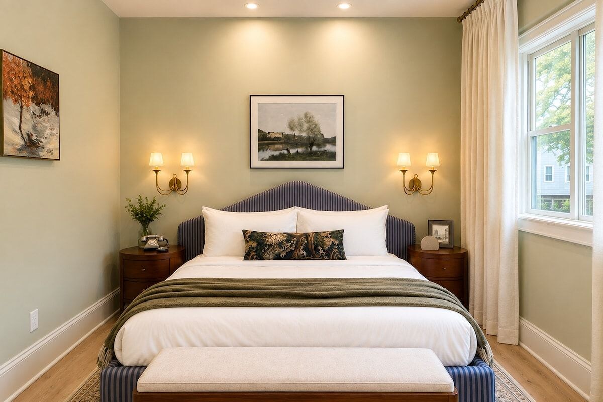 Un dormitorio con cama, mesitas de noche, un tapete y una ventana con cortinas.