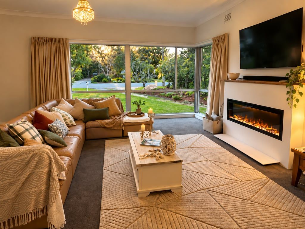 A modern living room with a sofa, coffee table, fireplace, and a TV.