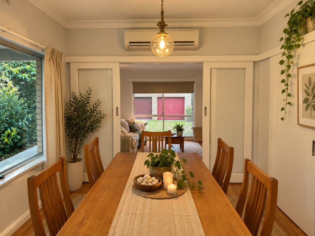 Un comedor con mesa de madera, sillas, lámpara colgante y vista al exterior.