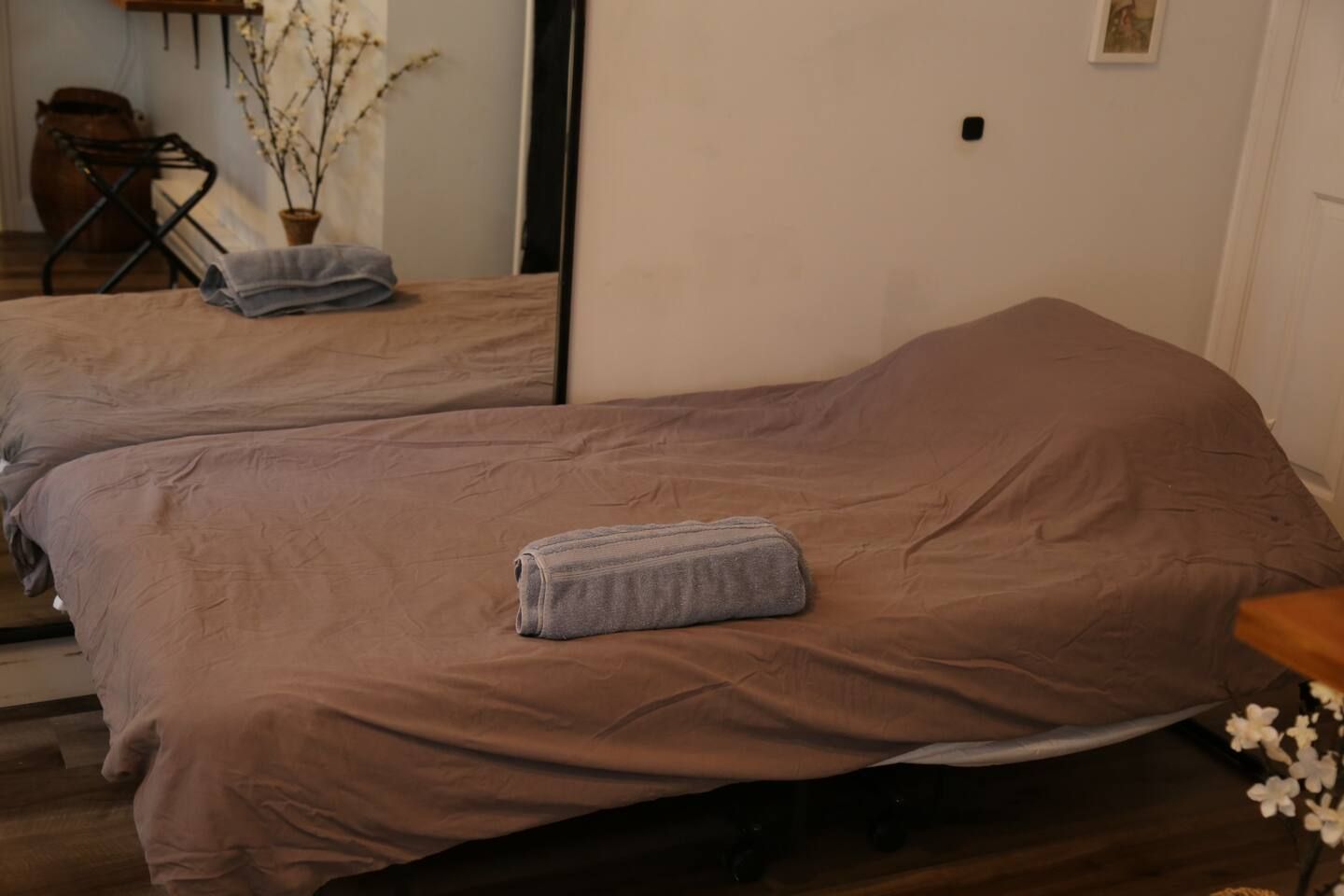 Ein Zimmer mit zwei Betten, die mit braunen Bettwäsche bezogen sind, einer kleinen Topfpflanze und einem Holzstuhl.