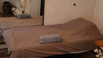 Ein Zimmer mit zwei Betten, die mit braunen Bettwäsche bezogen sind, einer kleinen Topfpflanze und einem Holzstuhl.