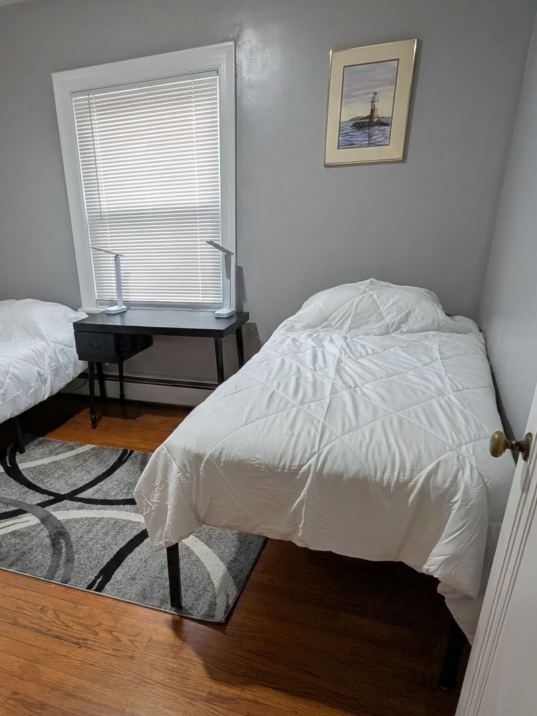 A room with two beds, a desk, a chair, a rug, and a framed picture on the wall.