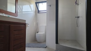 A bathroom with a wooden cabinet, a toilet, a shower area, and a window.