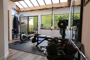 A home gym with exercise equipment, a punching bag, and a view of greenery through large windows. - Chic Artistic Suite Cozy Luxury w private entry (Richmond)
