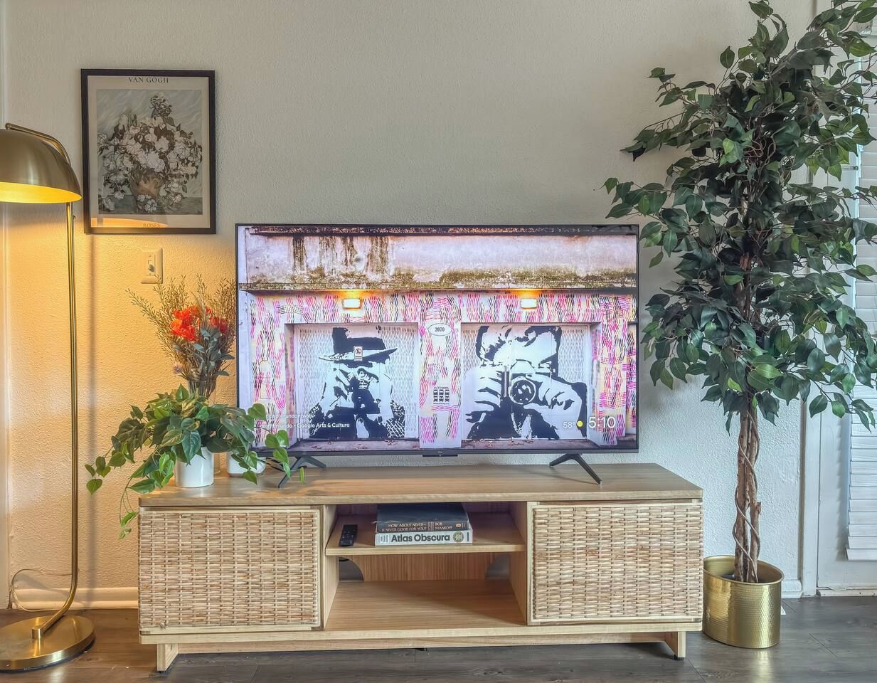 Ein Fernseher steht auf einer Holzkommode, daneben ein Zimmerpflanze.