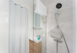 Ein modernes Badezimmer mit Duschkabine aus Glas, einem Waschbecken mit Spiegel darüber und einer an der Wand montierten Dusche.