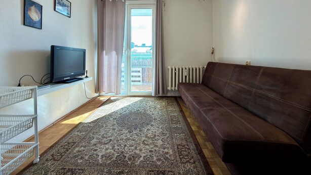 Un soggiorno con divano, televisore, termosifone e tappeto decorato.