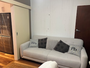 A living room with a sofa, pillows, a door, and a refrigerator.