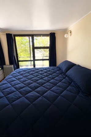 Una camera da letto con un letto grande, una finestra con tende e un termosifone.