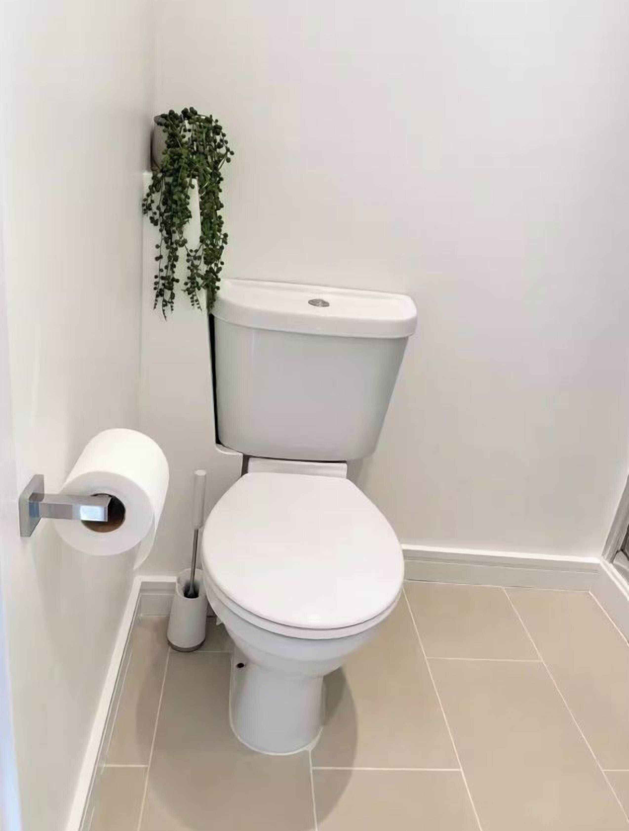 Inodoro con asiento y tanque blancos, dispensador de papel higiénico y una planta en la pared.