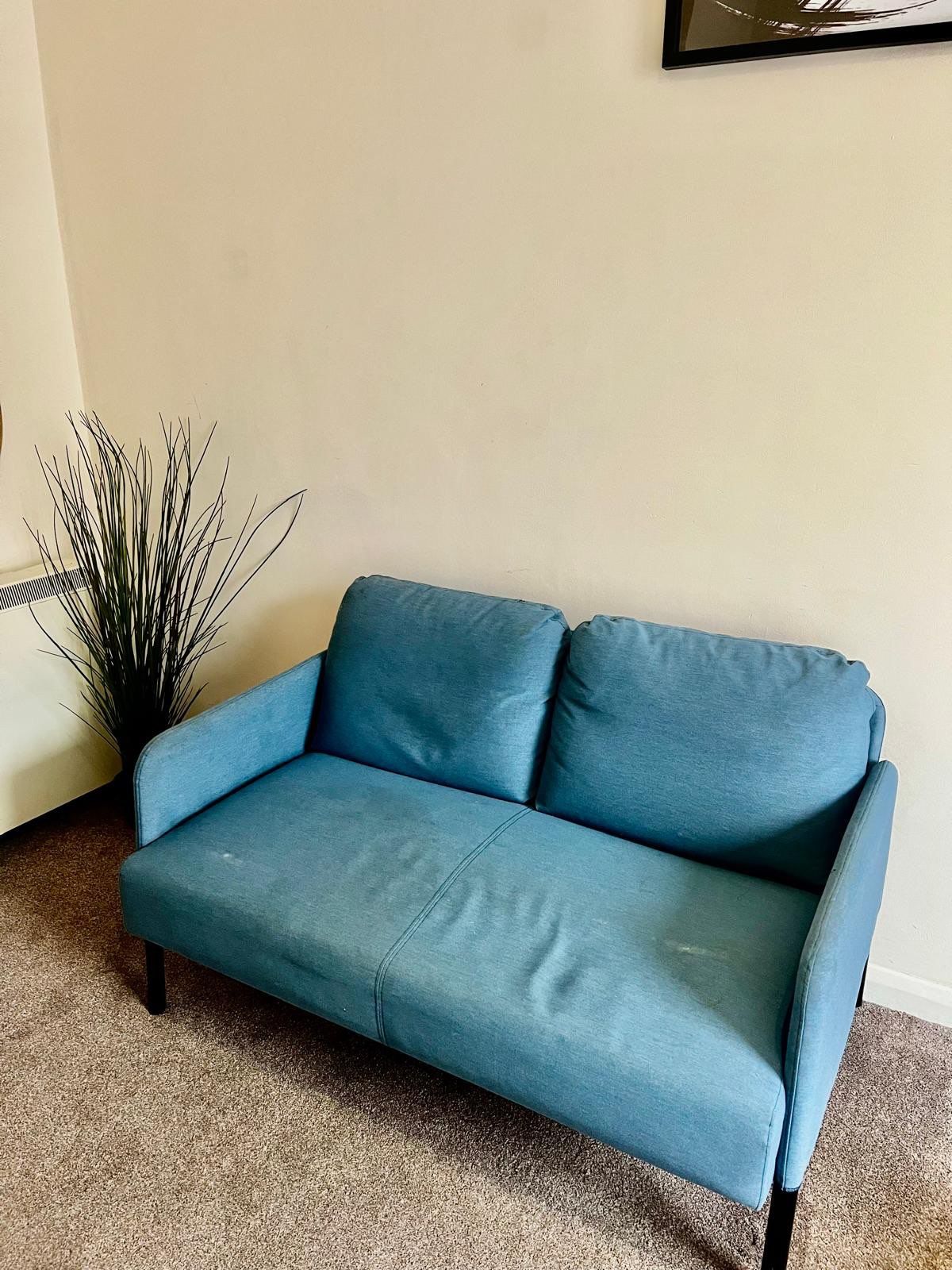 A blue sofa in a corner with a plant beside it.