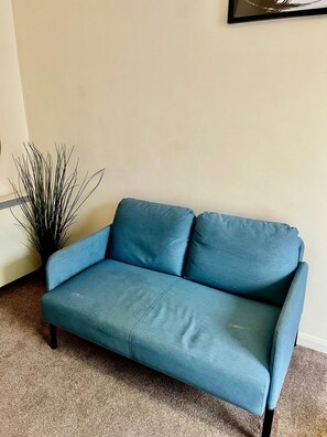 Un canapé bleu est placé dans un coin, avec une plante à côté.