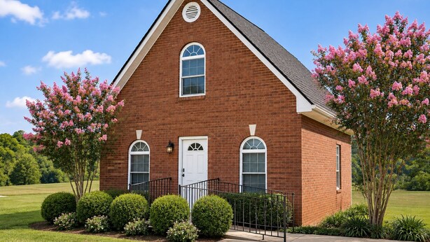 A two-story brick building with a gabled roof, a white front door, and a small porch with a black railing.