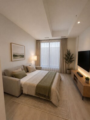 A modern hotel room with a bed, a television, a plant, and a painting on the wall. - Brand New Studio on LRT Line (Toronto)