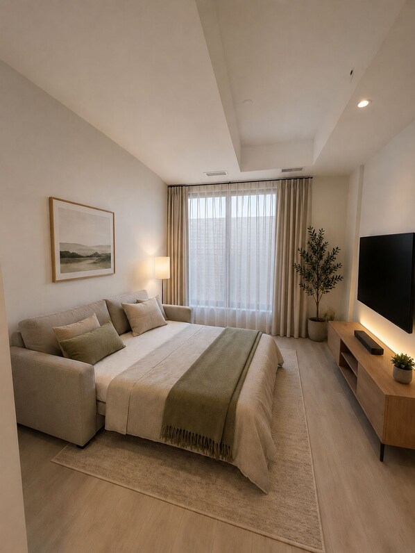 A modern hotel room with a bed, a television, a plant, and a painting on the wall. - Brand New Studio on LRT Line (Toronto)