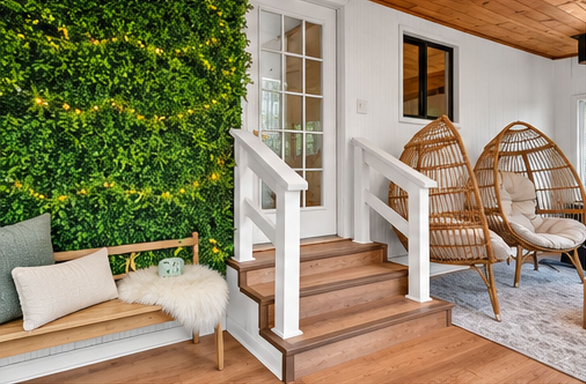 A staircase with white railings leading to a room with a green wall and wicker chairs.