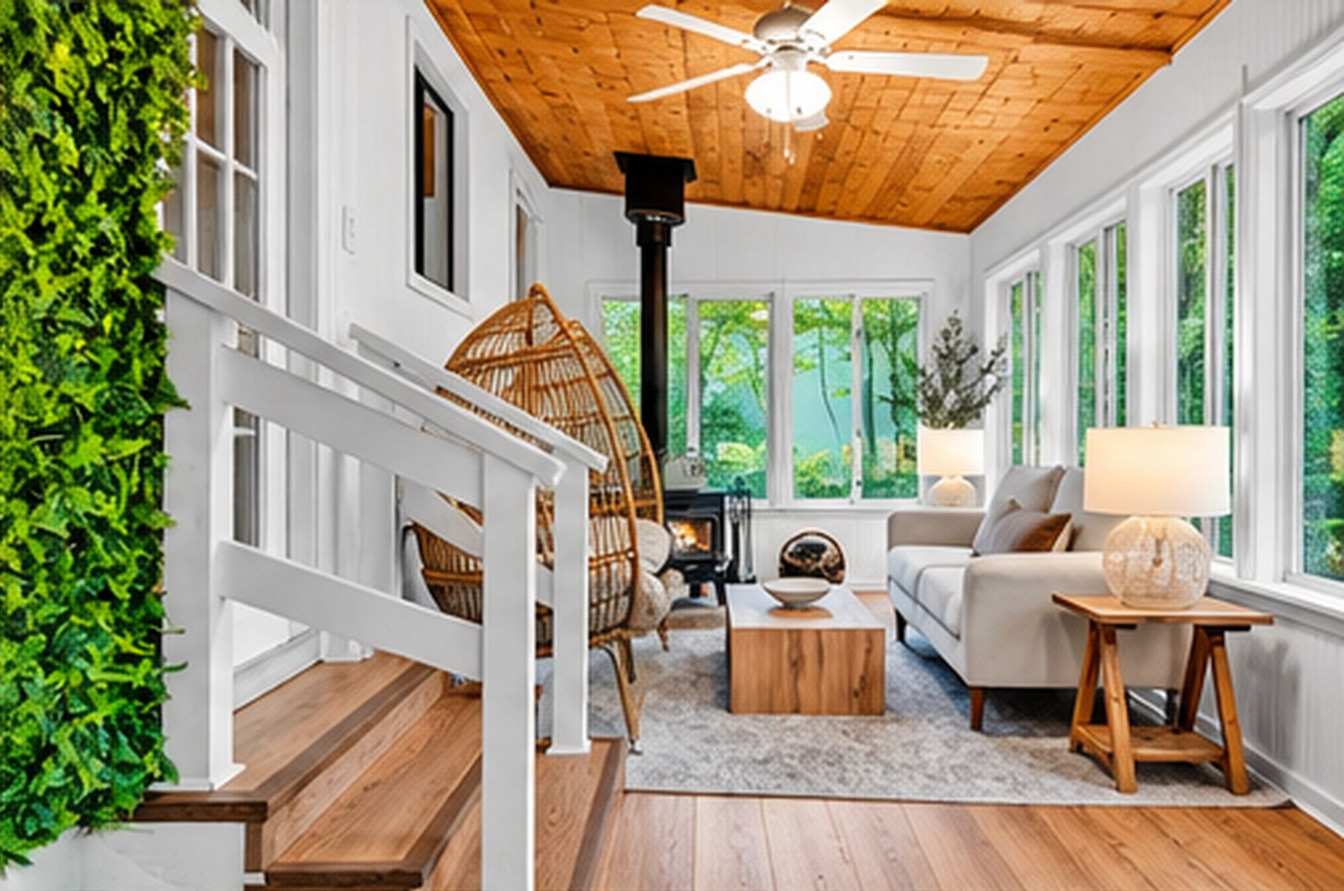 A room with a wooden ceiling, a white staircase, a wicker chair, a sofa, a coffee table, and a fireplace.