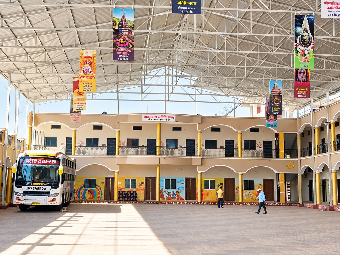 A bus station with a covered waiting area, multiple entry points, and a bus labeled 'Jack Sparrow' in front.