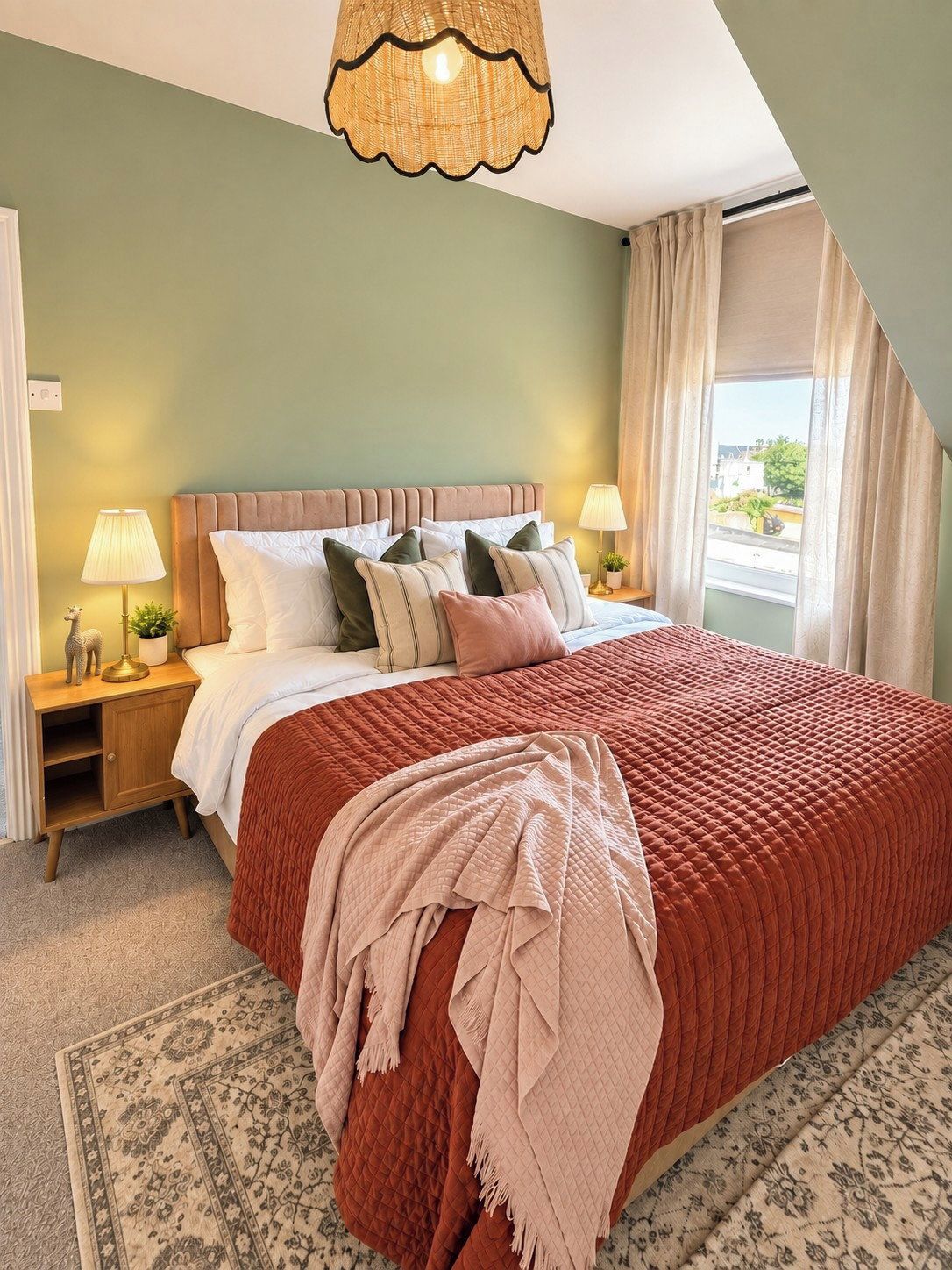 A bedroom with a large bed, two bedside tables, a hanging light fixture, a window with curtains, and a patterned rug.