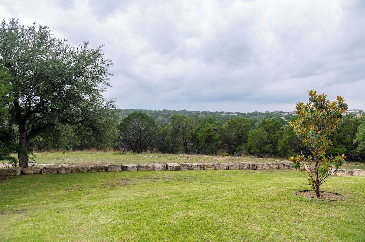 A grassy field with a large tree and a smaller tree in the foreground.