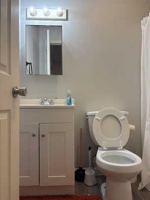 Une salle de bain comprenant des toilettes, un lavabo, un miroir et un luminaire placé au-dessus du miroir.
