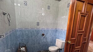 A bathroom with a bathtub, toilet, and shower area.