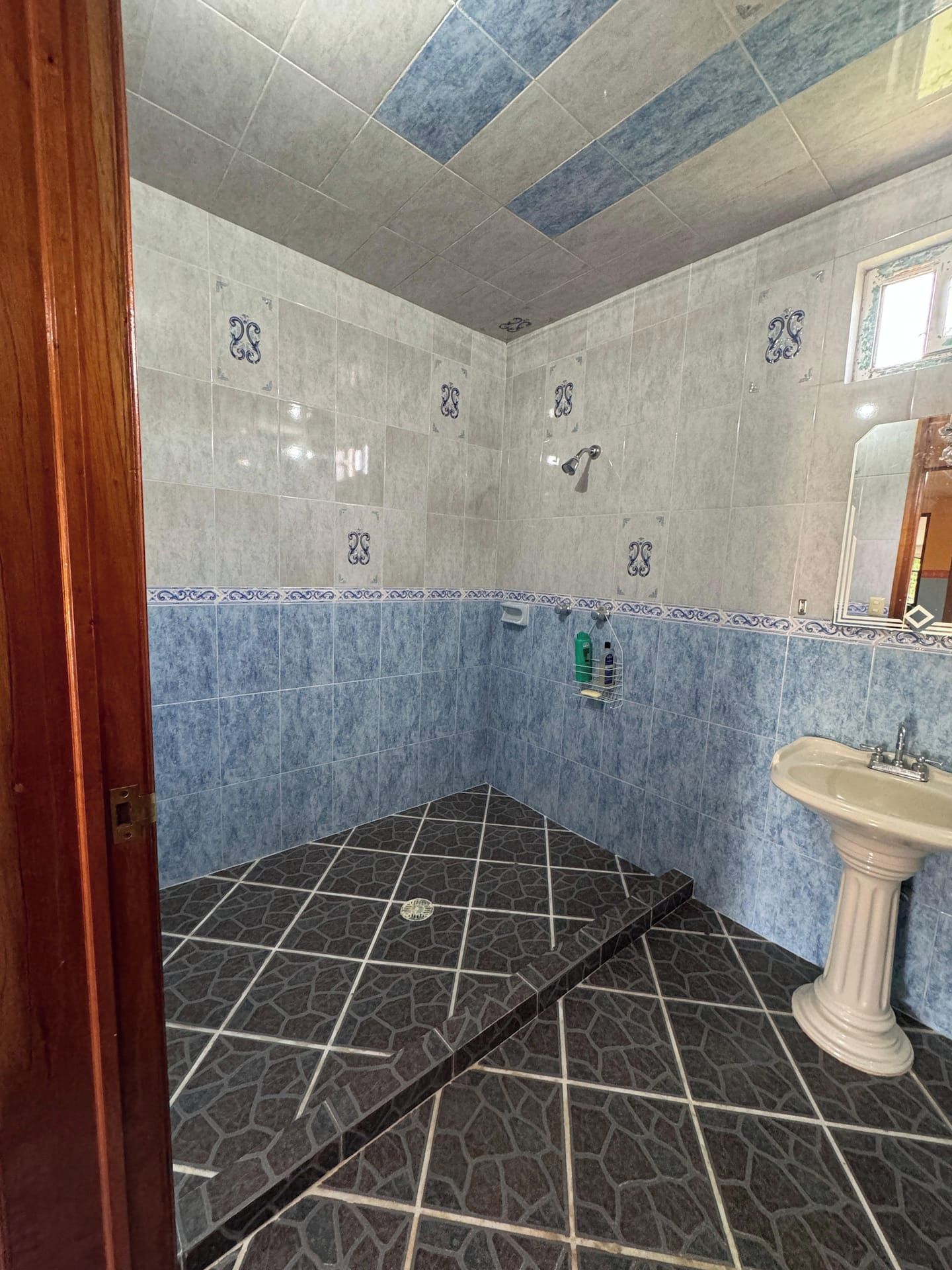 Un baño con piso de baldosas, ducha y lavamanos.