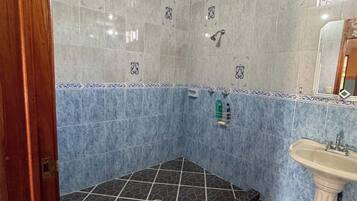 Un baño con piso de baldosas, ducha y lavamanos.