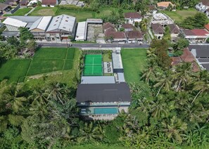 A residential area with a large house featuring a swimming pool, surrounded by lush greenery and palm trees. - Basic House (Gianyar)