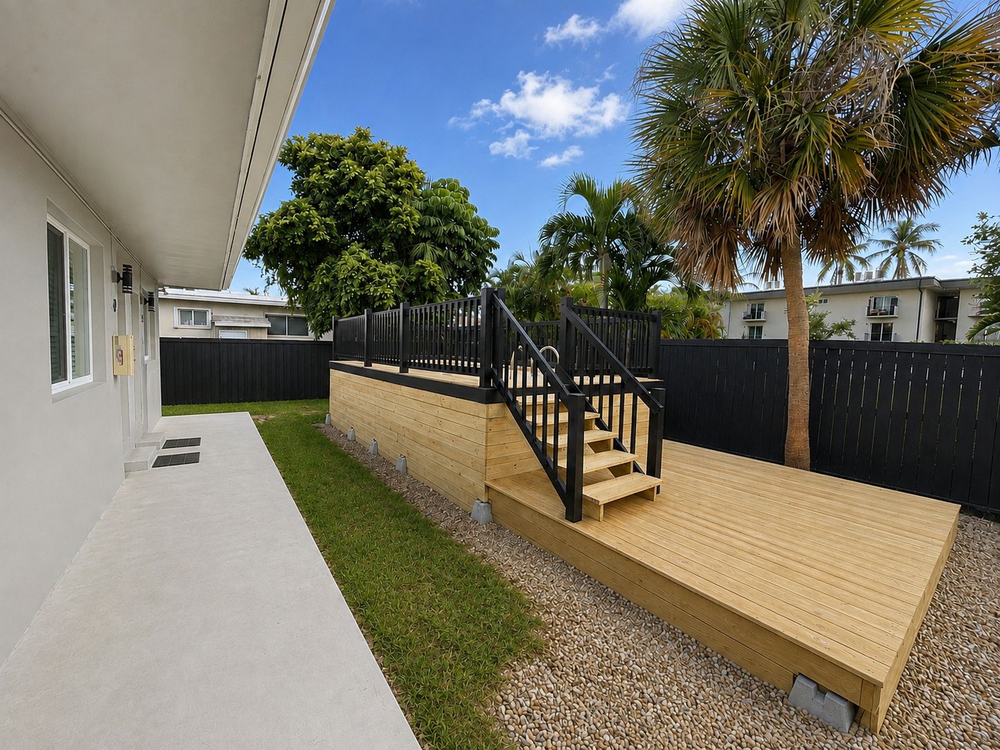 Une terrasse extérieure moderne, dotée d’un escalier en bois menant à une plateforme surélevée, entourée d’une clôture noire et de palmiers.