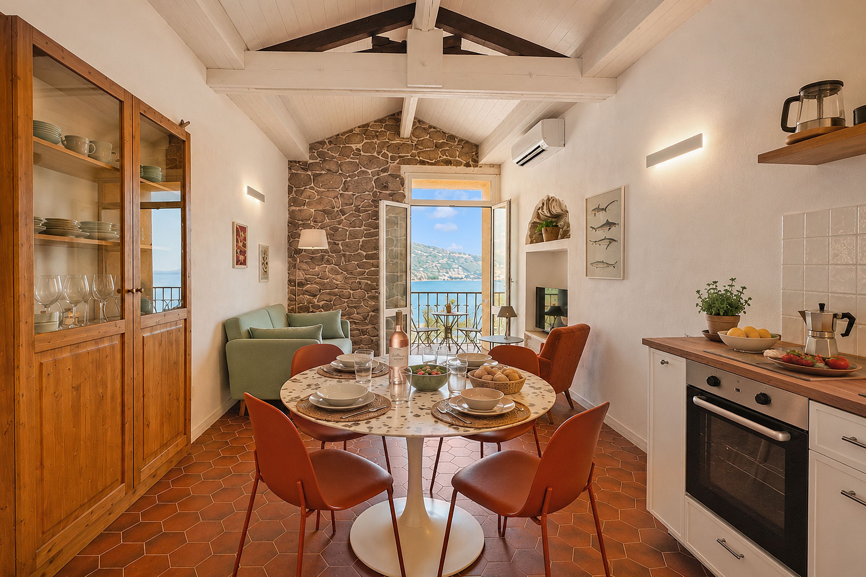 Un comedor con pared de piedra, vistas al mar y una cocina con estufa.