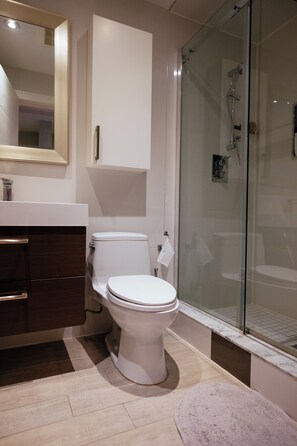 Une salle de bain moderne équipée de toilettes, d’une douche à parois de verre et d’un meuble-lavabo avec un miroir.