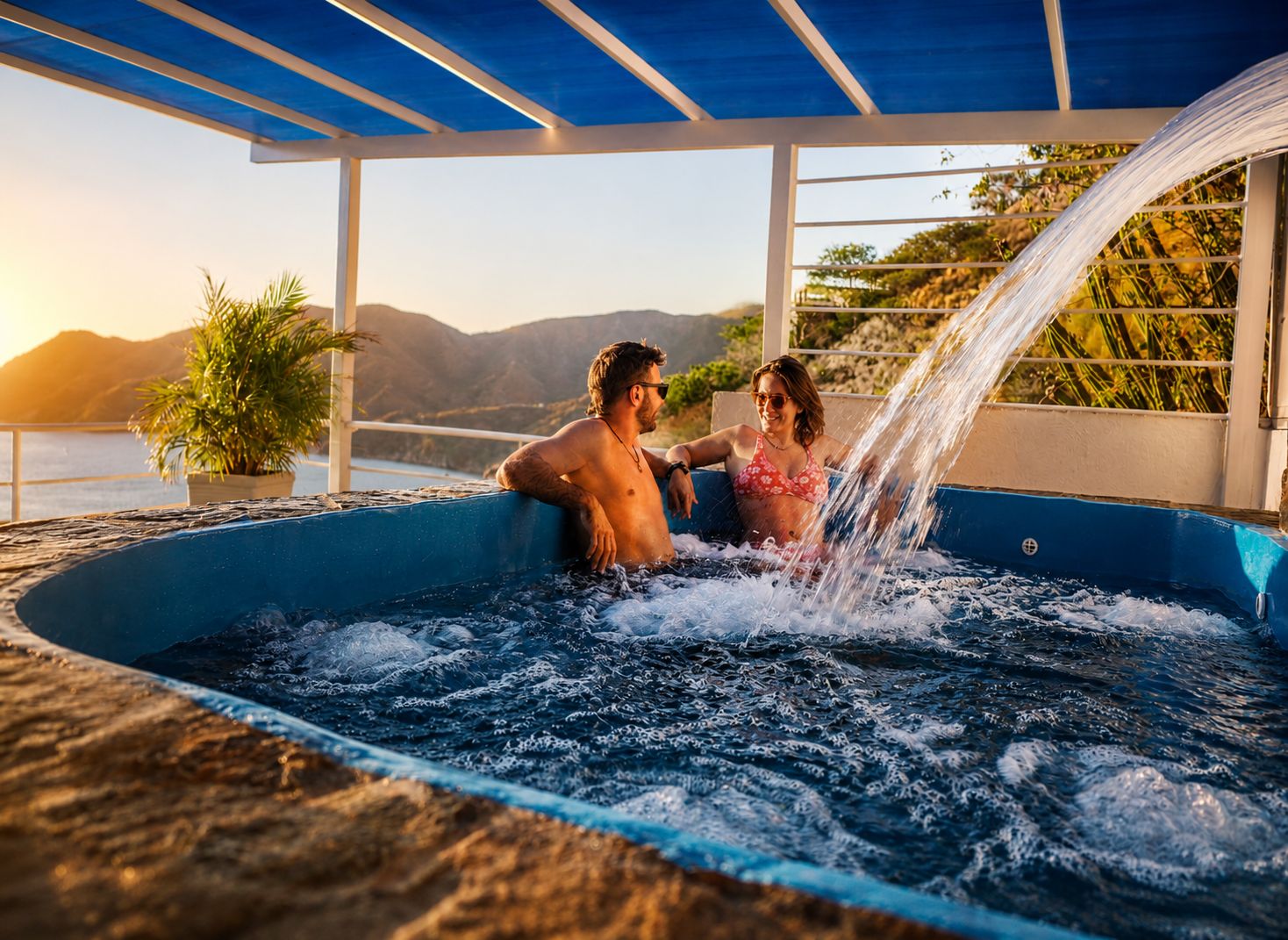 A couple in a hot tub with a view of mountains and a body of water.