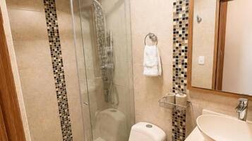 Un baño con ducha envuelta en vidrio, un inodoro, un lavamanos y un espejo.