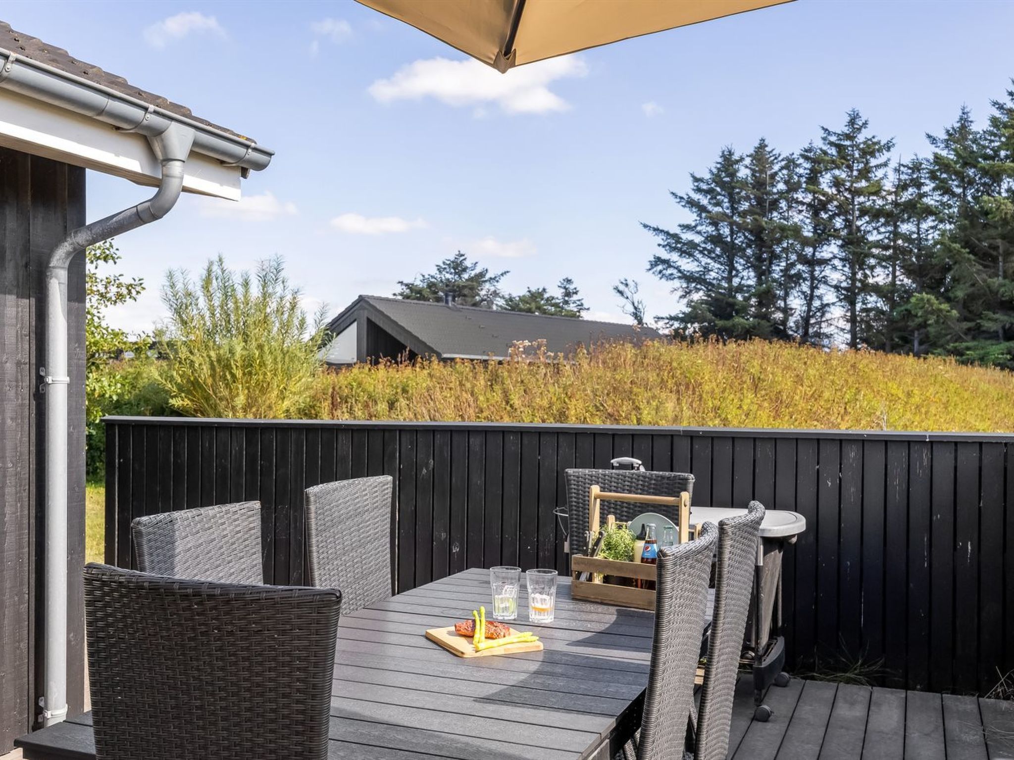 Une terrasse extérieure avec une table, des chaises et un barbecue.