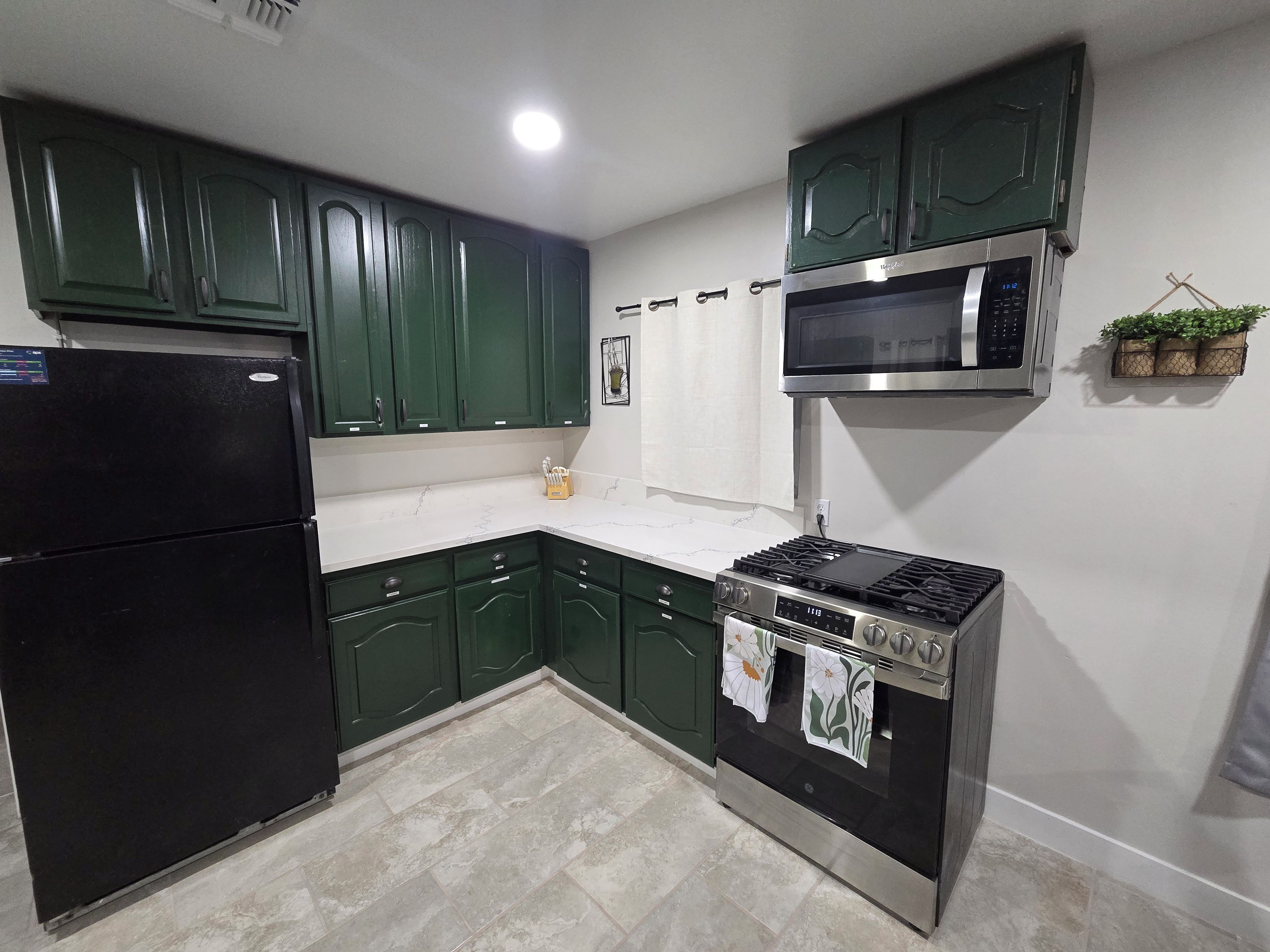 A kitchen with green cabinets, a black refrigerator, a microwave, and a stove.
