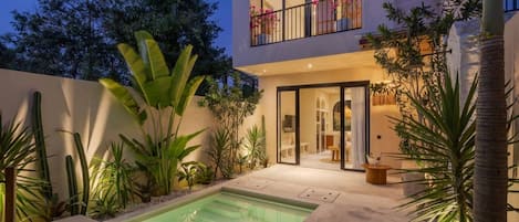 Une maison moderne dotée d’une piscine, d’un espace salon extérieur et d’une végétation luxuriante.