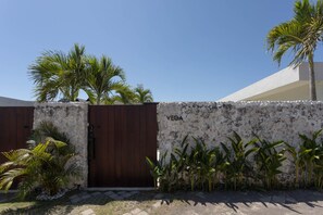 Un ingresso chiuso da cancello con una porta in legno, un muro bianco strutturato e palme.