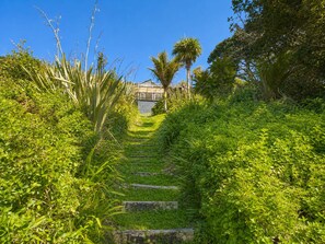 Un camí que condueix a un edifici envoltat de vegetació exuberància i palmeres.