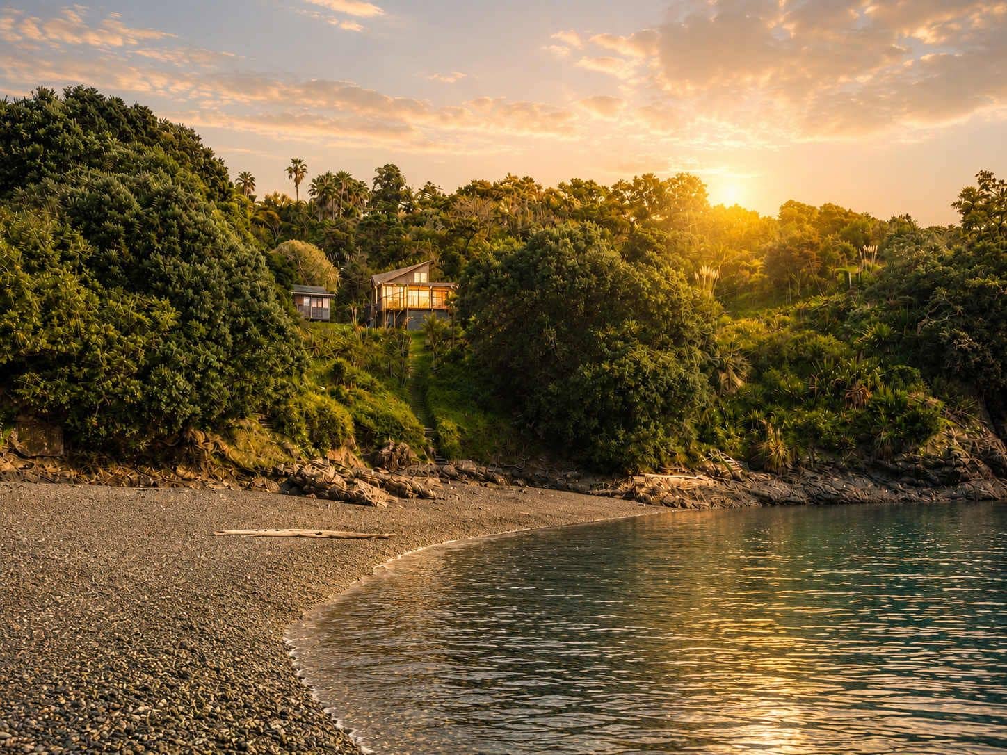 The property sits above Hekerua Bay and has direct access via a walkway and ladder 