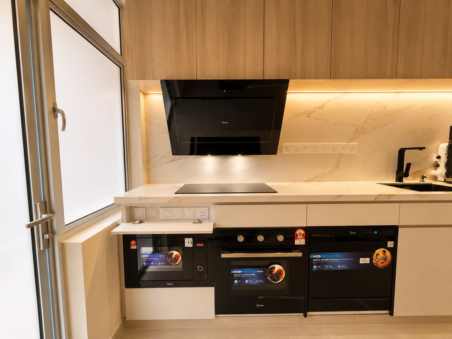 A modern kitchen with built-in appliances, including a microwave, oven, and dishwasher, under a sleek black hood.